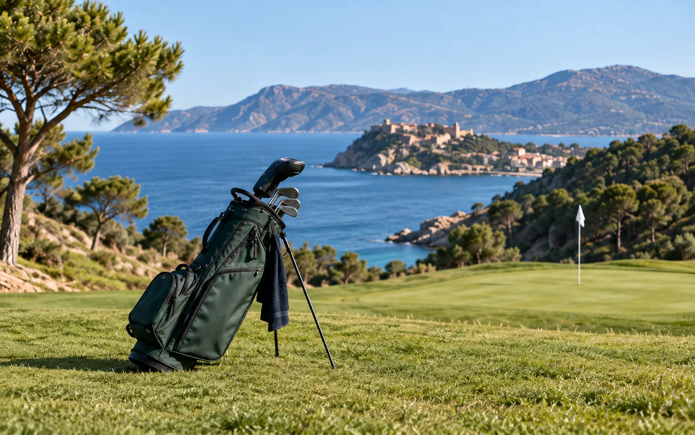 Sac de golf sur un parcours au bord de la mer